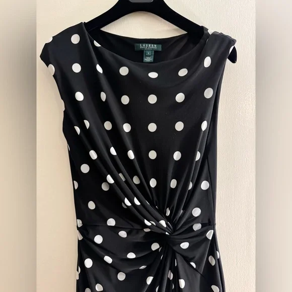 Ralph Lauren Black White Polka Dot Sleeveless Dress Size 6 ruched - Picture 2 of 6